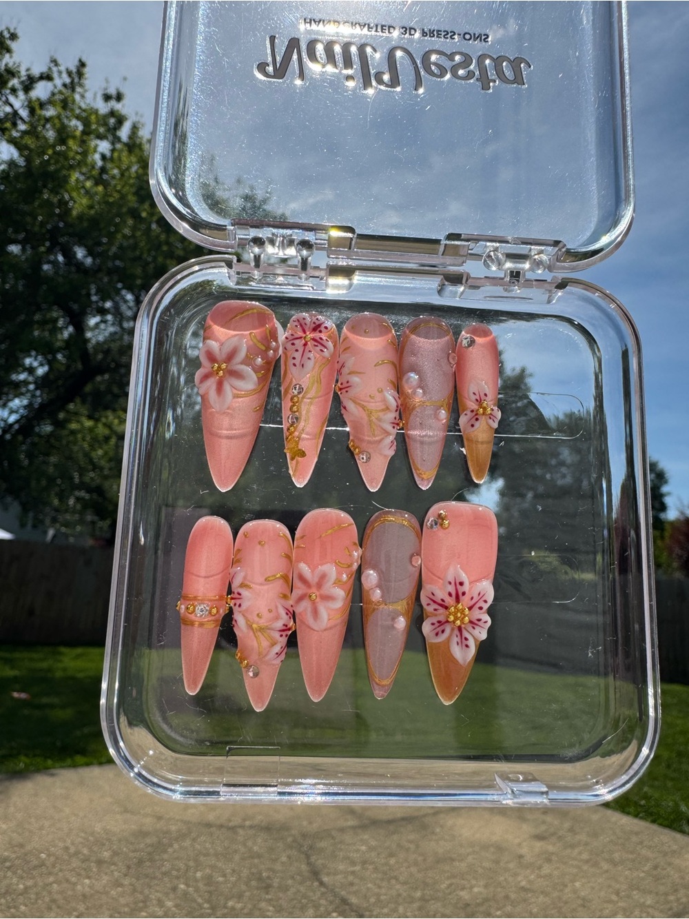 Peach Pink Floral Stiletto Press-On Nails